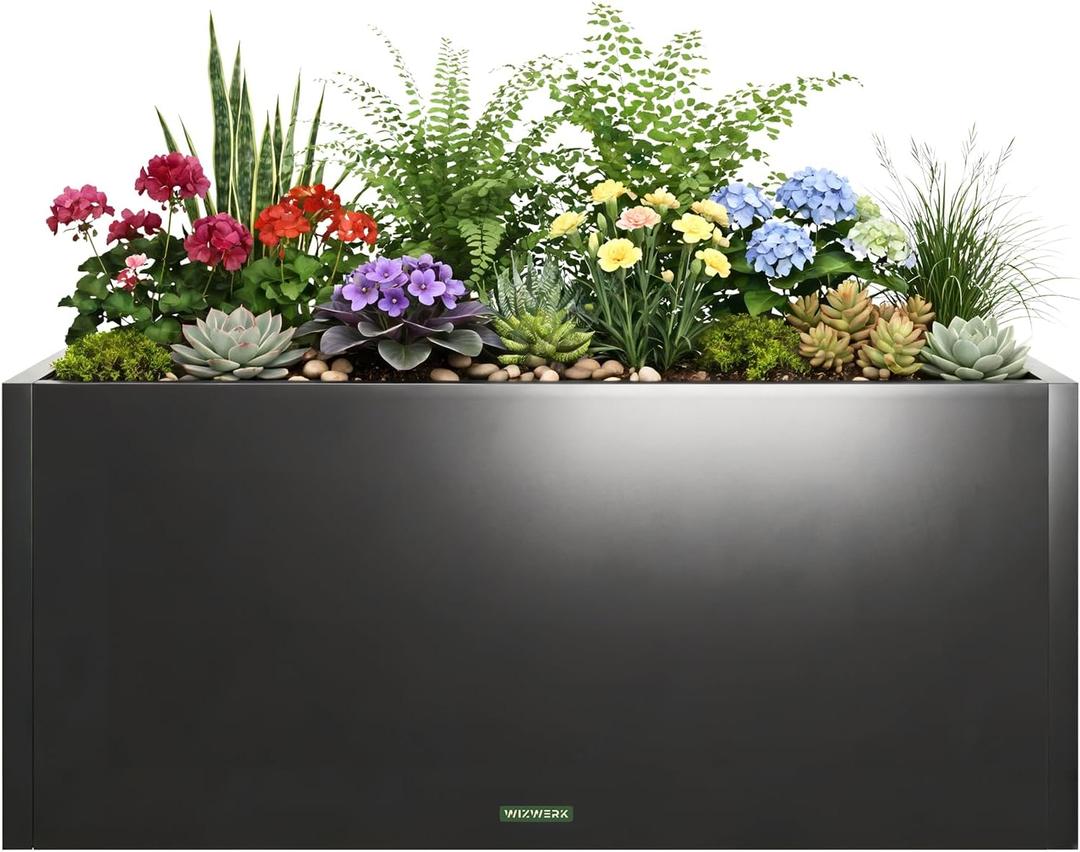 Rustproof Metal Planter Box 32 Inch Outdoor, Galvanized Steel Raised Garden Bed with Drainage Holes, Large Deep Rectangular Planter for Patio Balcony Porch Backyard, 32" L x 12" W x 16" H
