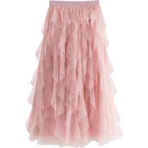 Tulle Skirts for Women Long Length Tutu Fairy Tiered Skirt A Line Mesh Elastic Waist Skirts (One Size)