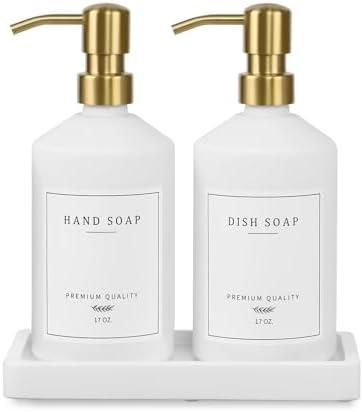 Gold Soap Dispenser Set, Glass Hand and Dish Soap Dispenser Set with Tray, Stainless Pump, 14 Stickers for Kitchen, Bathroom Soap and Lotion Dispenser, Modern Counter Decor (White Bottle/ Gold Pump)