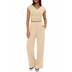 BTFBM Womens 2 Piece Outfits Spring 2026 V Neck Cap Sleeve Ruched Top Wide Leg Pants Sets Rib Knit Lounge Matching Set(Apricot, Medium) (Beige, M)