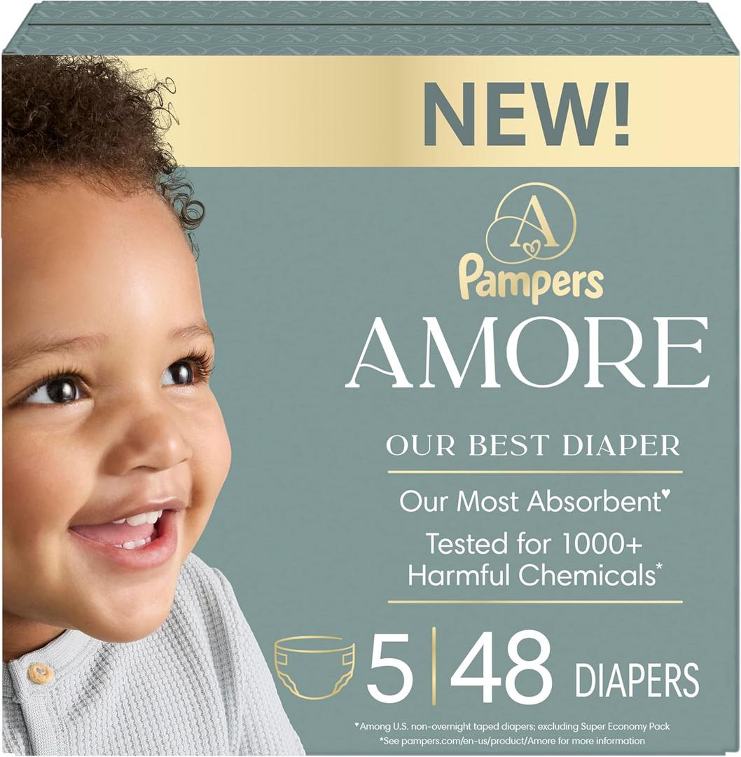 Pampers Amore, Size 5 (20-37 lbs), 48 Count, Our Best Diaper  Hypoallergenic & Fragrance Free, Up to 100% Leakproof, Soft as Cashmere