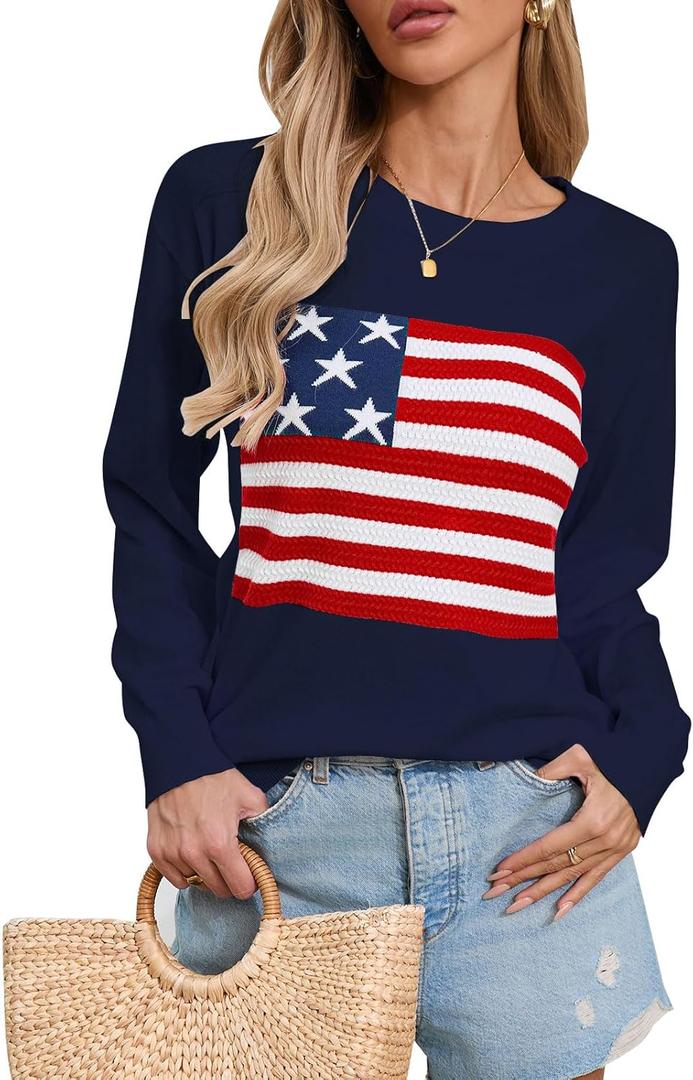Womens American Flag Sweater, Long Sleeve Crewneck Colorblock Striped Pullover with Drop Shoulder - Casual Knitted Sweaters (Medium, 200 Navy)
