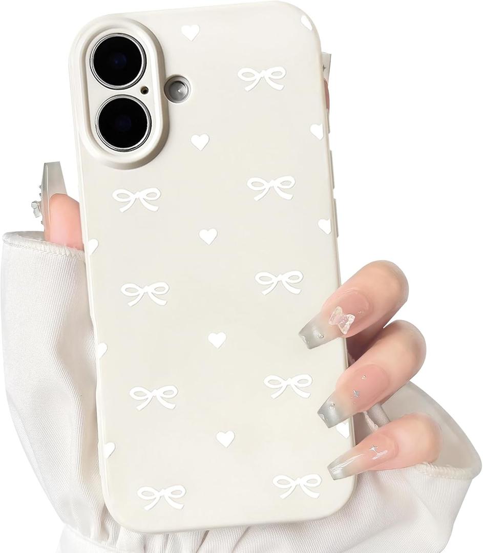 NITITOP Compatible with iPhone 16 Case Cute Aesthetic Love Hearts Bow Knot Pattern for Women Girl Bowknot Slim Fit TPU Bumper Shockproof Full Camera Protection Cover - White