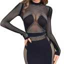 Long Sleeve Fishnet Bodysuit for Women One Size Sparkle Rhinestone Bodysuit Sexy Women Fishnet Lingerie (Black, One Size)