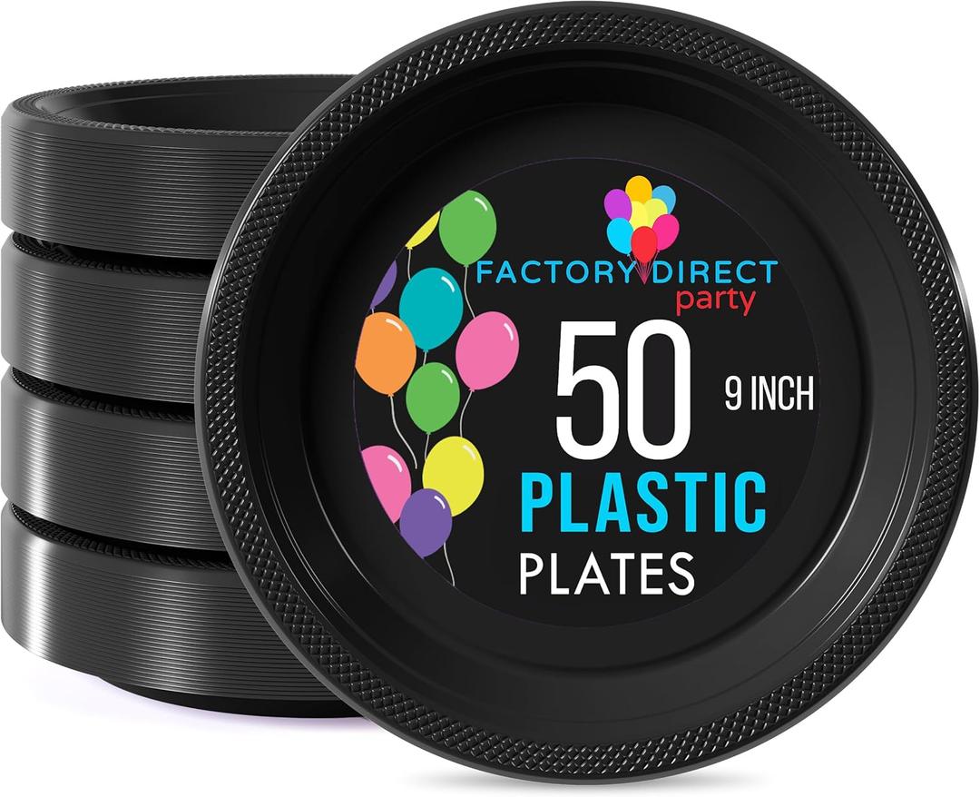 Exquisite Party Solids Black Plastic Plates For Party Supplies 7" Black Disposable Plates Heavy Duty 50 Pcs Plastic Dinnerware Sets Heavy Duty 350 GSM Disposable Dinnerware Set