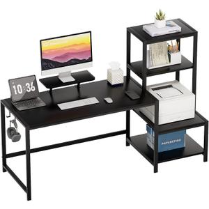 GreenForest Computer Desk 58 inch with Printer Shelf, Reversible Office Desk with Monitor Stand and 2 Hooks, Home Workstation for Study Writing Working Gaming, Black (57.9 x 18.9 inch, Black)
