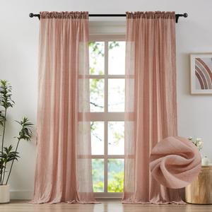 Elegant Blush Pink Sheer Curtains Cotton Linen Textured for Living Room, Bedroom Soft Light Filtering Crinkle Sheer Drapes Natural Rod Pocket Crepe Curtains, W52 x L84 inch, 2 Panels