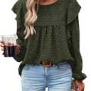 PRETTYGARDEN Women's Long Sleeve Shirts Ruffle Swiss Dot Crochet Loose Fit Tunic Dressy Casual Tops Blouses Spring Fashion (XS)
