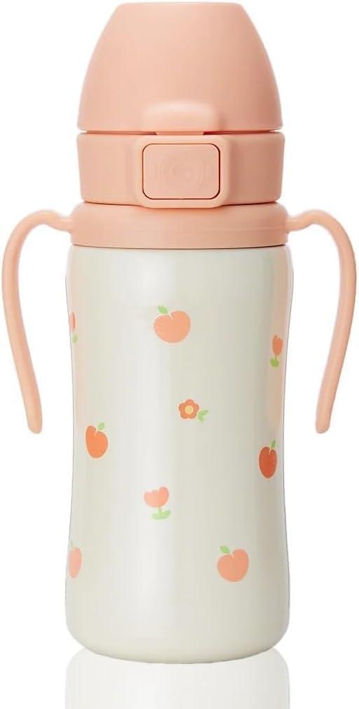 GROSMIMI Insulated 316 Stainless Steel Spill Proof Straw Cup, Water bottle with Flip Top for Toddlers, BPA Free (peach flower, 300 mL )
