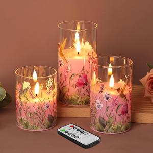 Pink Hummingbird Glass Flameless Candles with Remote, Flickering LED Pillar Candles Battery Operated Set of 3, Spring Home Shelf Decor
