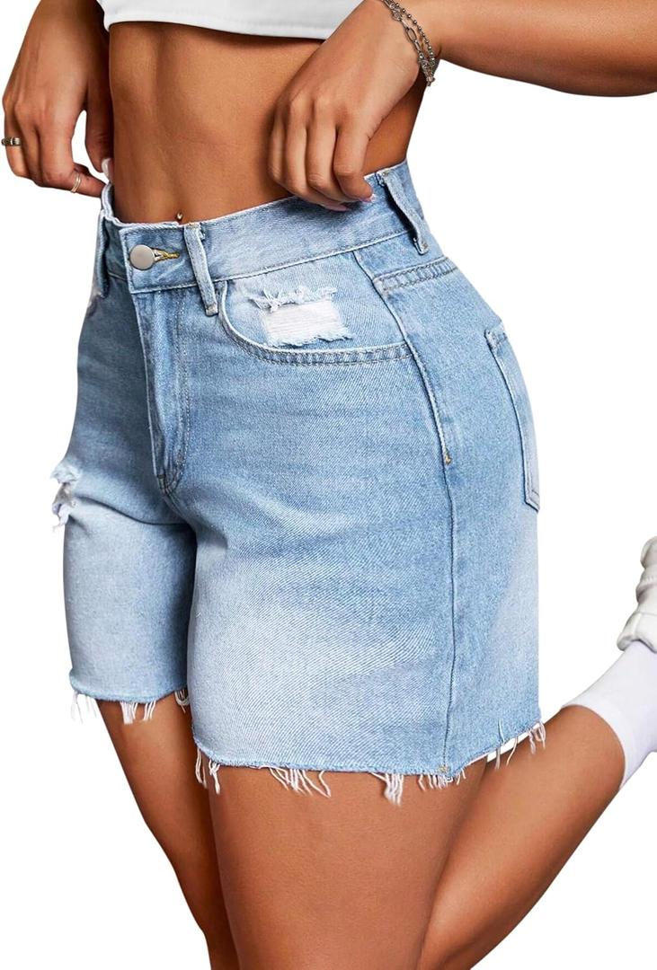 IWD Jean Shorts for Women High Waisted Stretchy Casual Denim Shorts Ripped Frayed Hem Summer Trendy Jorts (Large, A_light Blue)