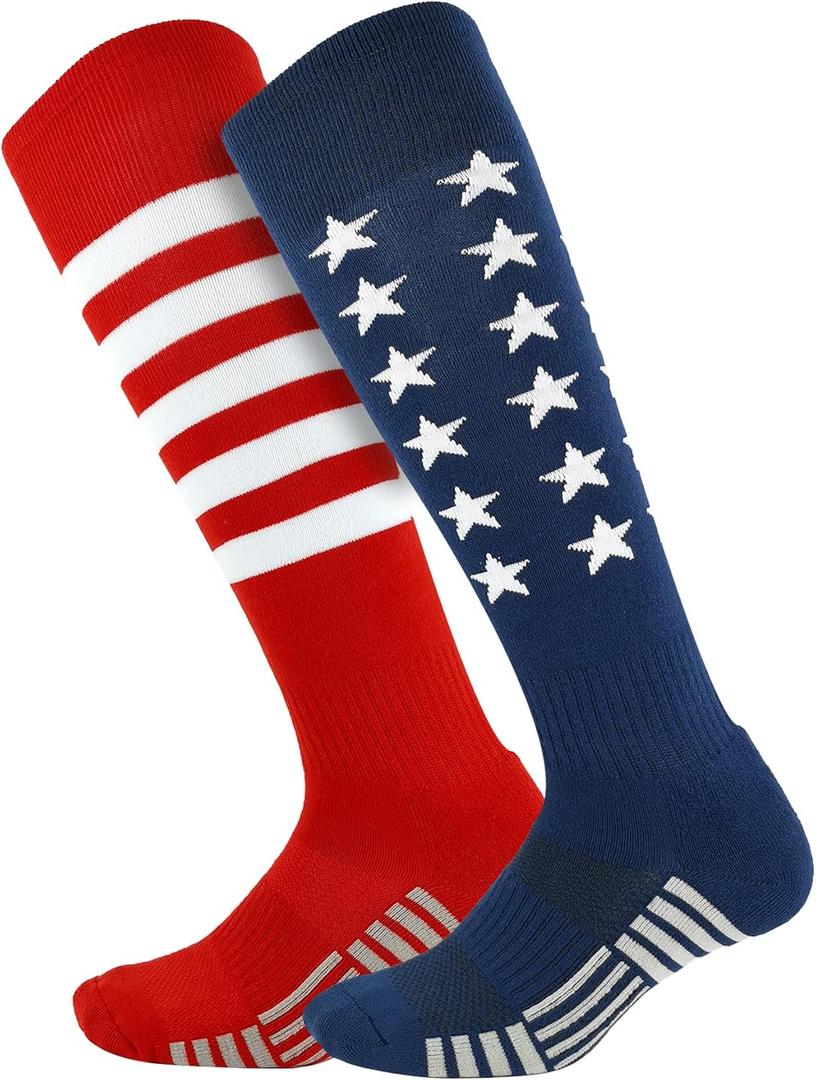 American Flag Baseball Socks Patriotic Knee High Over the Calf Athletic Socks for Baseball Softball, Large 