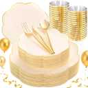 EI 180pcs Beige Plastic Plates with Gold Plastic Silverware,Heavy-Duty Disposable Plates for Party,Beige Dinnerware Set for 30 Guest Wedding,Afternoon Tea,Spring,Mother's Day,Valentine's Day,Easter
