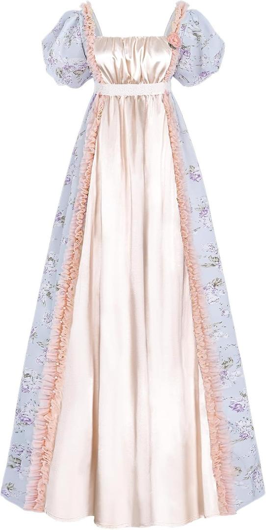 LTAKK Regency Dress Women Regency Costume Empire Waist Tea Party Victorian Gown with Sash and Corsage (Large, Pink)