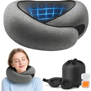 Purroch Advanced Memory Foam Neck Travel Pillow, Neck Pillow Airplane with Eye Mask & Ear Plugs, Designed for The Comfort of Travel & Office, Travel Pillow for Plane, Car, Home, Work, Dark Grey