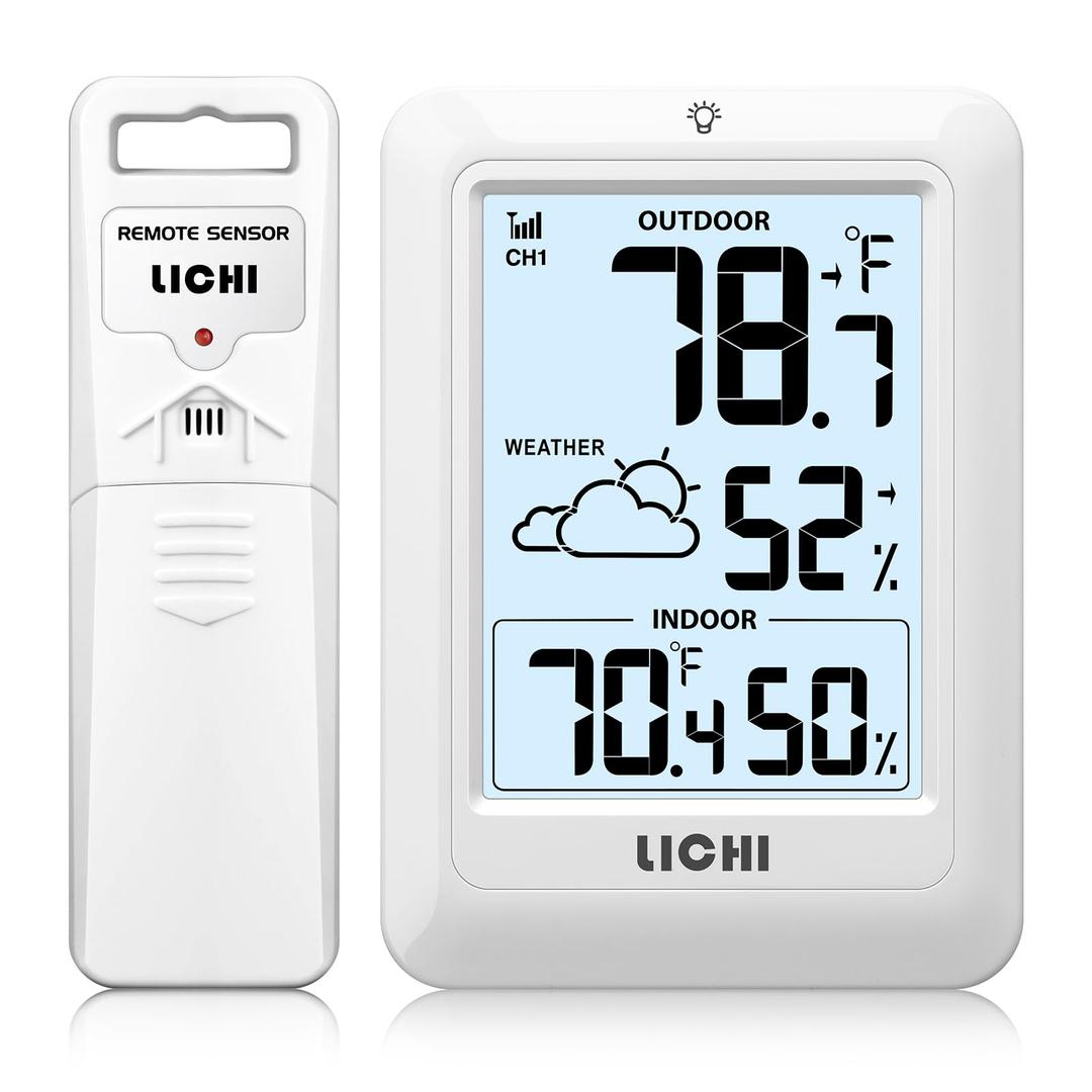 Lichi Indoor Outdoor Thermometer Wireless Weather Station, Internal External Thermometer Hygrometer, Home Battery operated Temperature Humiditymonitors330 Feet (About 100 Meters) Backlight Display (White)