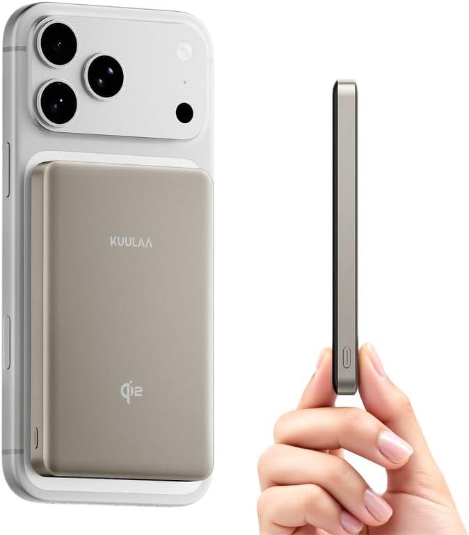 Kuulaa 0.5" Magsafe Portable Charger, 10000mAh Magnetic Power Bank & Slim Battery Pack - Qi2 Certified 15W Wireless Charging with 20W USB-C PD for iPhone 17/16/15/14/13/12 Pro/Air Series (Titanium)