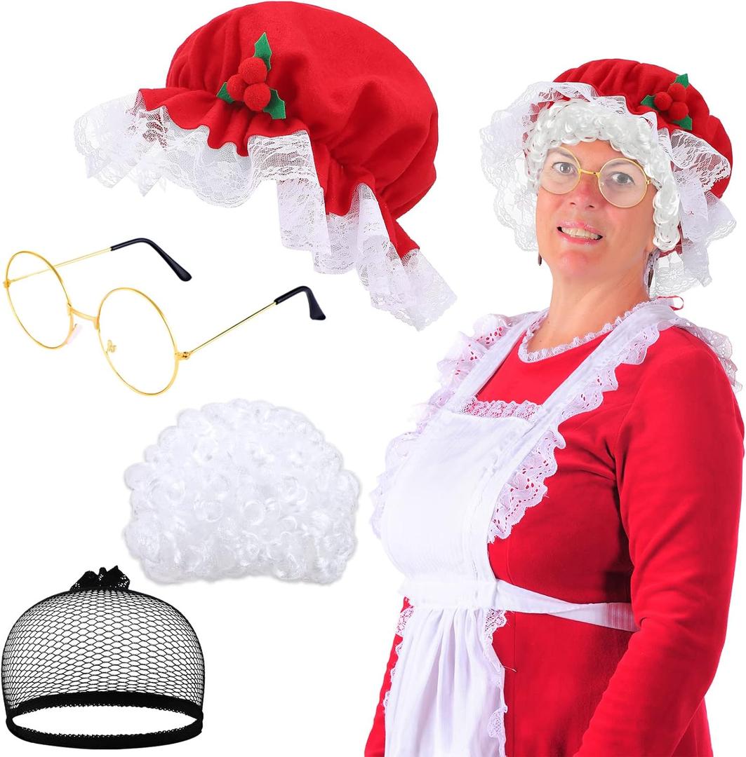 Dingion 4 Pcs Christmas Mrs Claus Costume for Women Old Lady Hat Wig Glasses and Hair Net for Claus Costume Cosplay Party