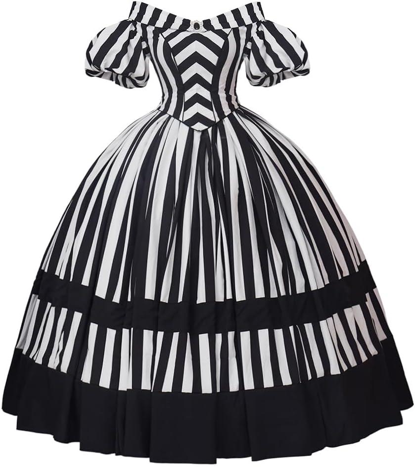 MelangCos Victorian Dress Renaissance Ball Gown Black and White Stripes Costume for Women (Large)