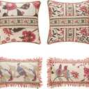 patdrea Designer Throw Pillow Covers Set of 4,Vintage Red Linen Pillowcases with Flower and Birds Pattern Pillows Cover for Couch, Farmhouse Decorative Cushion for Bed Living Room Outdoor Car (18" x 18" (Pack of 4))