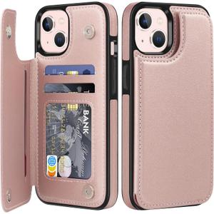 Bizzib iPhone 13/14 Case, Leather Wallet with Card Holder, Flip Cover, Kickstand, Heavy Duty Protective Case, Rose Gold