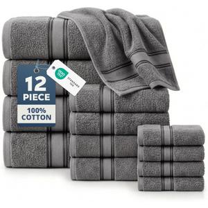 LANE LINEN Bath Towel Set of 12  Premium 100% Cotton Towels for Bathroom, 4 Bath, 4 Hand & 4 Washcloth, Zero Twist, Hotel Collection Towels, Gentle on Body, Absorbent & Ideal for Everyday Use  Grey