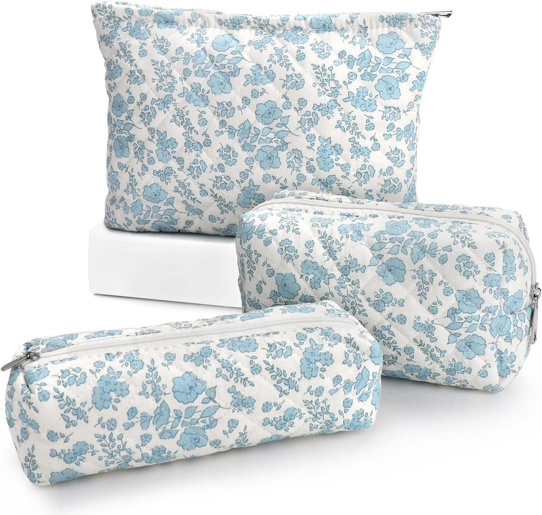 EIMMBD Makeup Bag 3 Pieces Large Capacity Cosmetic Bag Travel Toiletry Bag Organizer Cute Makeup Bag Pouch Storage Bag for Women(Blue White)