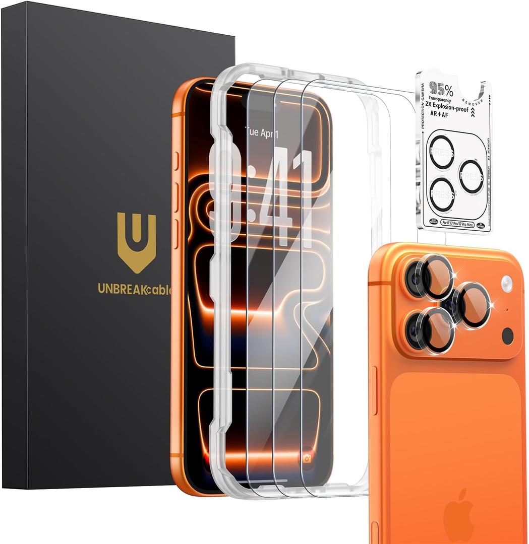 UNBREAKcable iPhone 17 Pro Screen Protector 3-Pack, Upgraded Dual-Tempered Glass + 3 Camera Lens Protectors, Military-Grade 9H Hardness, HD Clarity, Anti-Fingerprint, Case Friendly, 6.3 Inch