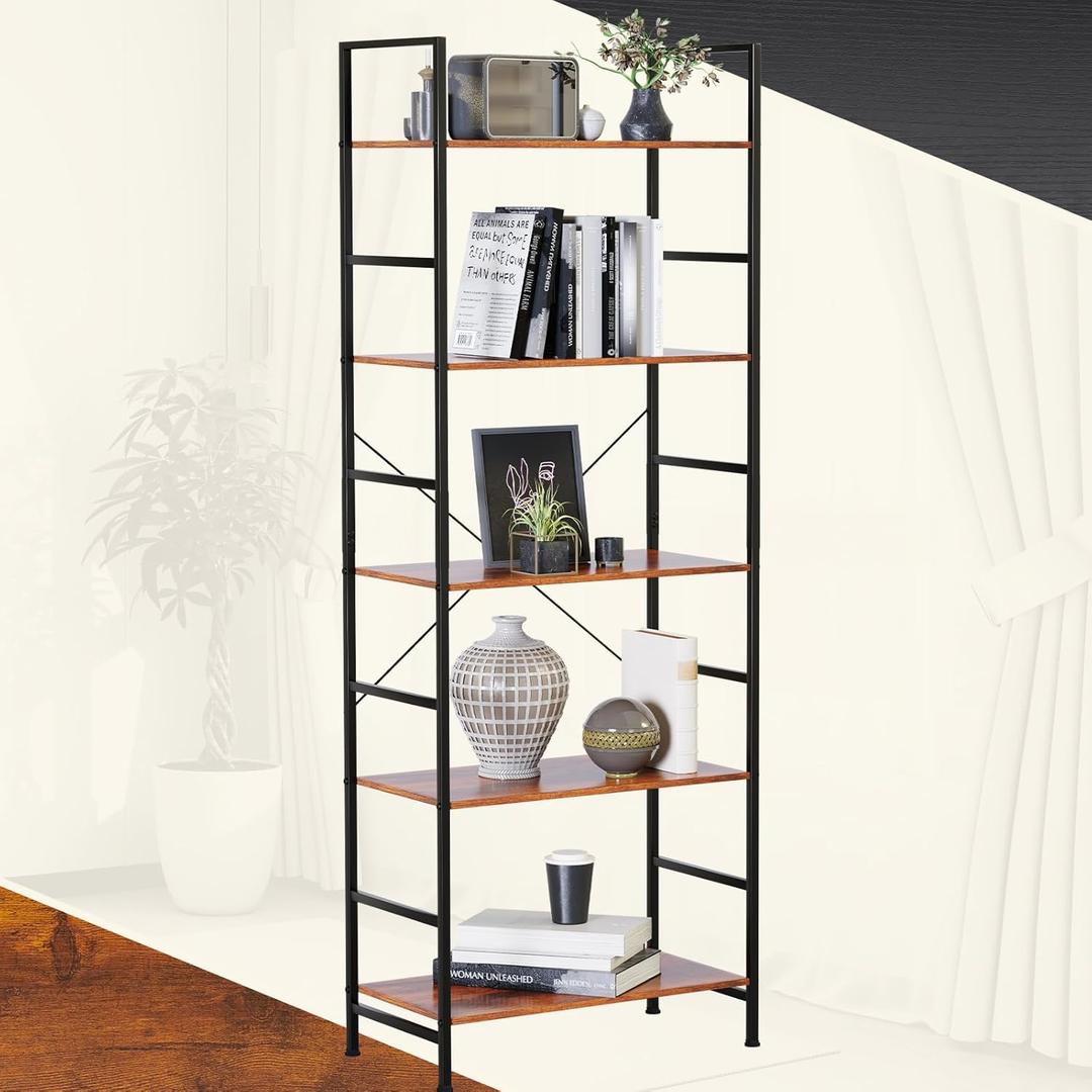 NEWBULIG 5 Tier Bookshelf Wall Shelves, Ladder Bookcase with Open Storage, Display Shelf with Metal Frame for Bedroom Living Room Home Office