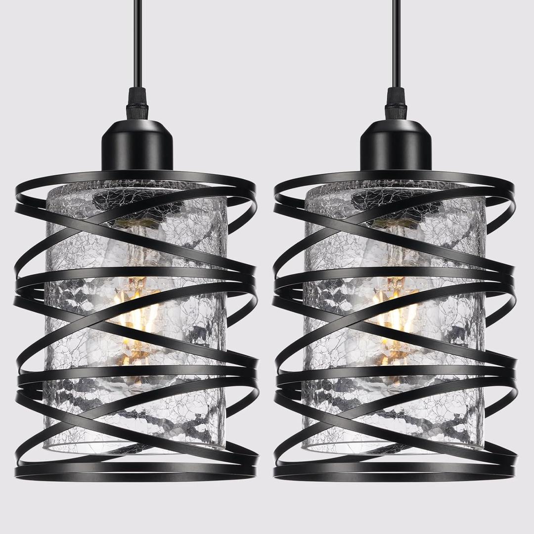 2 Pack Pendant Lights Kitchen Island, Black Island Lighting Fixtures Hanging with Glass Crackle Shade, Mini Industrial Ceiling Light, Hanging lights for Kitchen Island Dining Room Hallway Bedroom