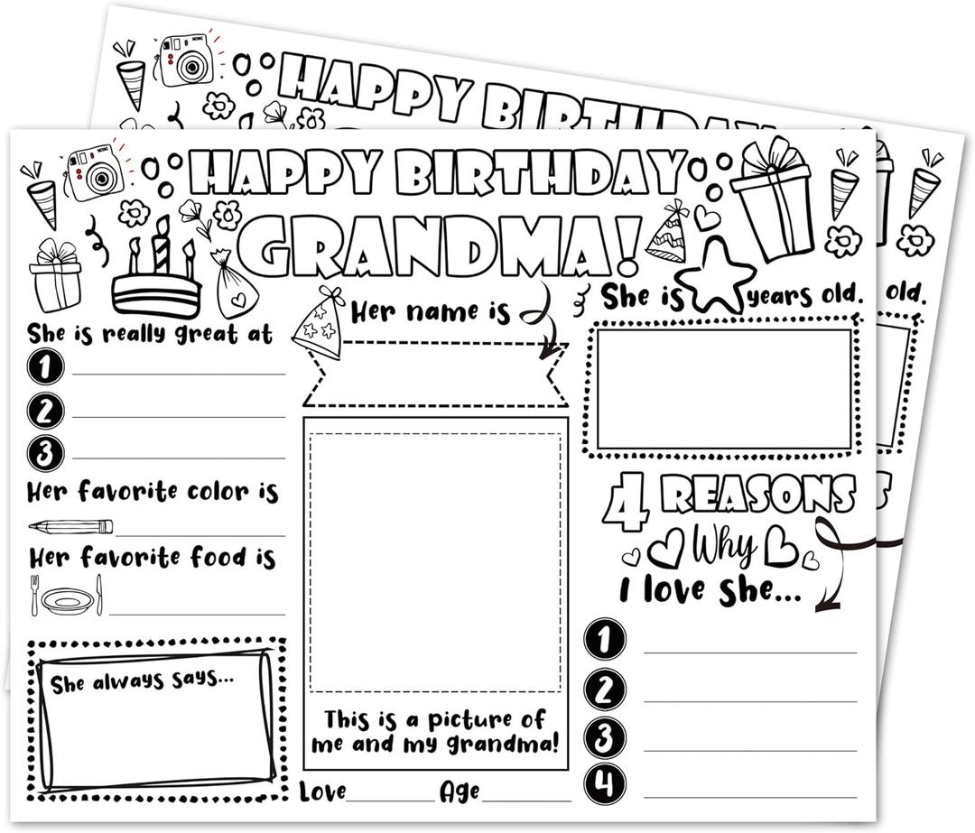 8" X 10" Grandma Birthday Coloring Page, 5 Pcs Happy Birthday Grandma Graffiti Card, Personalized Fill in Blanks Interview Q&A Keepsake, Grandma's Birthday Activity Favors and Supplies