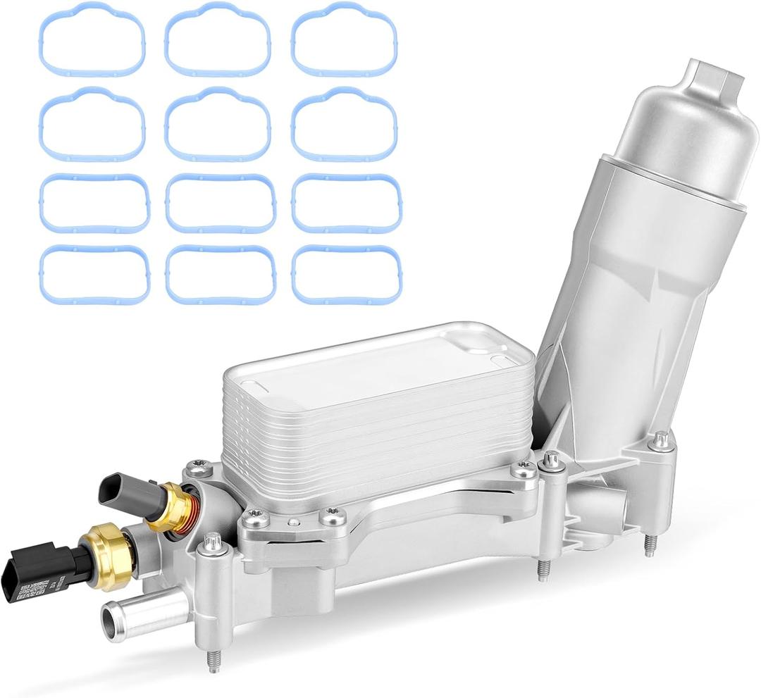 Full Aluminum Engine Oil Cooler Filter Housing Assembly with Sensors & Gaskets Compatible with 2011-2016 Jeep Dodge Chrysler Ram 3.6L V6 Replace for 5184294AE 68105583AC