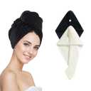 Microfiber Hair Towel Wrap for Women,2Pack Hair Towels with Button,Super Absorbent Hair Turbans for Wet Hair, Long,Curly Hair,Fast Hair Drying Towel (Black and White)