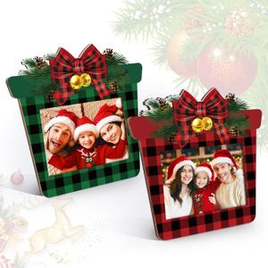 YLOLUL 2 Pack Christmas Picture Frame Present Box Photo Frame Hanging Tabletop Ornaments Wooden Photo Frame Party Decorations Xmas Holiday Frame Gift for Kids Children