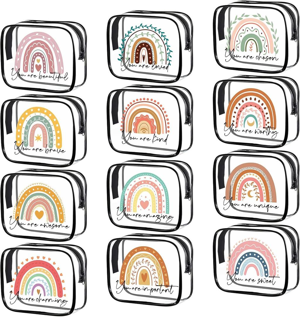Hillban 12 Pcs Rainbow Clear Makeup Bag for Women Inspirational Quotes PVC Waterproof Cosmetic Bags Appreciation Travel Toiletry Pouch Gifts for Teacher Student Adults(Black)