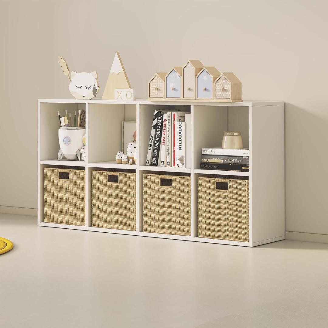 Wood Cube Storage Organizer Closet Cabinet for Living Room Bedroom Study Shelf Bookcase Wooden Floor Standing Open Bookshelf for Kids Home Office Display Storage Cabinet (White, 8-Cube, 11.81in)