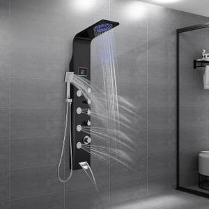 ROVOGO Unibody Shower Panel Tower with 4 Modes (Rainfall Shower, Body Jets, Handheld and Tub Spout), No Battery Needed Led Lights and Temp Display, 304 Stainless Steel Shower Column, Black