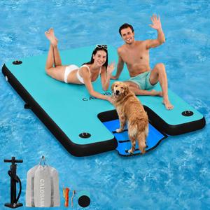 CALOBANA Inflatable Floating Dock with Dog Ramp, Inflatable Island Floats with Boat Ramp for Adults & Pets, Heavy Duty Lake Dog Floats Raft Pool Dock Platform with Ladder for Sea or River,Party, 8ft6ft6in