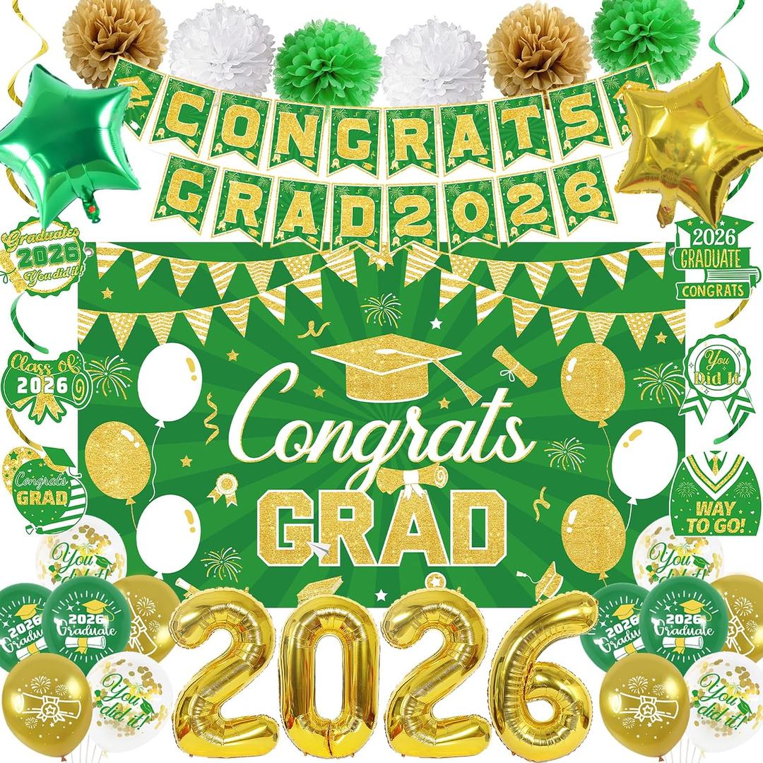 Vlipoeasn Green Gold 2026 Graduation Party Decorations Set, 2026 College/High School Graduation Decorations Party Supplies, Class of 2026 Congrats Grad Backdrop Banner