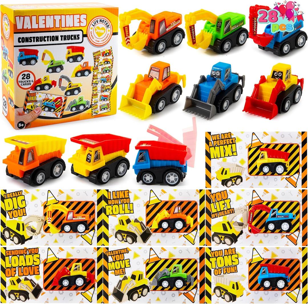 JOYIN 28 Valentine's Day Mini Construction Vehicle Greeting Cards for Kids Classroom Exchange Prizes, Construction Truck Toys Party Favor Gifts