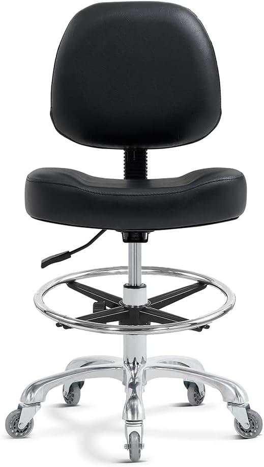 Drafting Chair Tall Office Chair for Standing Desk - Shop Stool with Backrest, Esthetician Drafting Stool with Wheels,Counter Height Chair for Studio, Workbench (Black, with Foot Rest)