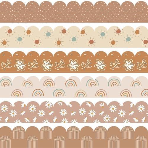 168ft Boho Bulletin Board Borders, Boho Classroom Decorations, Retro Floral Daisy Sun Rainbow Dot Trim Borders for Teacher School Supplies Classroom Door Wall Decor, 6 Styles (Brown)