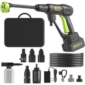 Cordless Portable Washer, Handheld Washer, Battery Operated Washer for Car Home Outdoor Patio Garden, Lightweight Car Washer, Washer with Foam Pot, Cleaner with 23FT Elastic Hose (PowerGreen)
