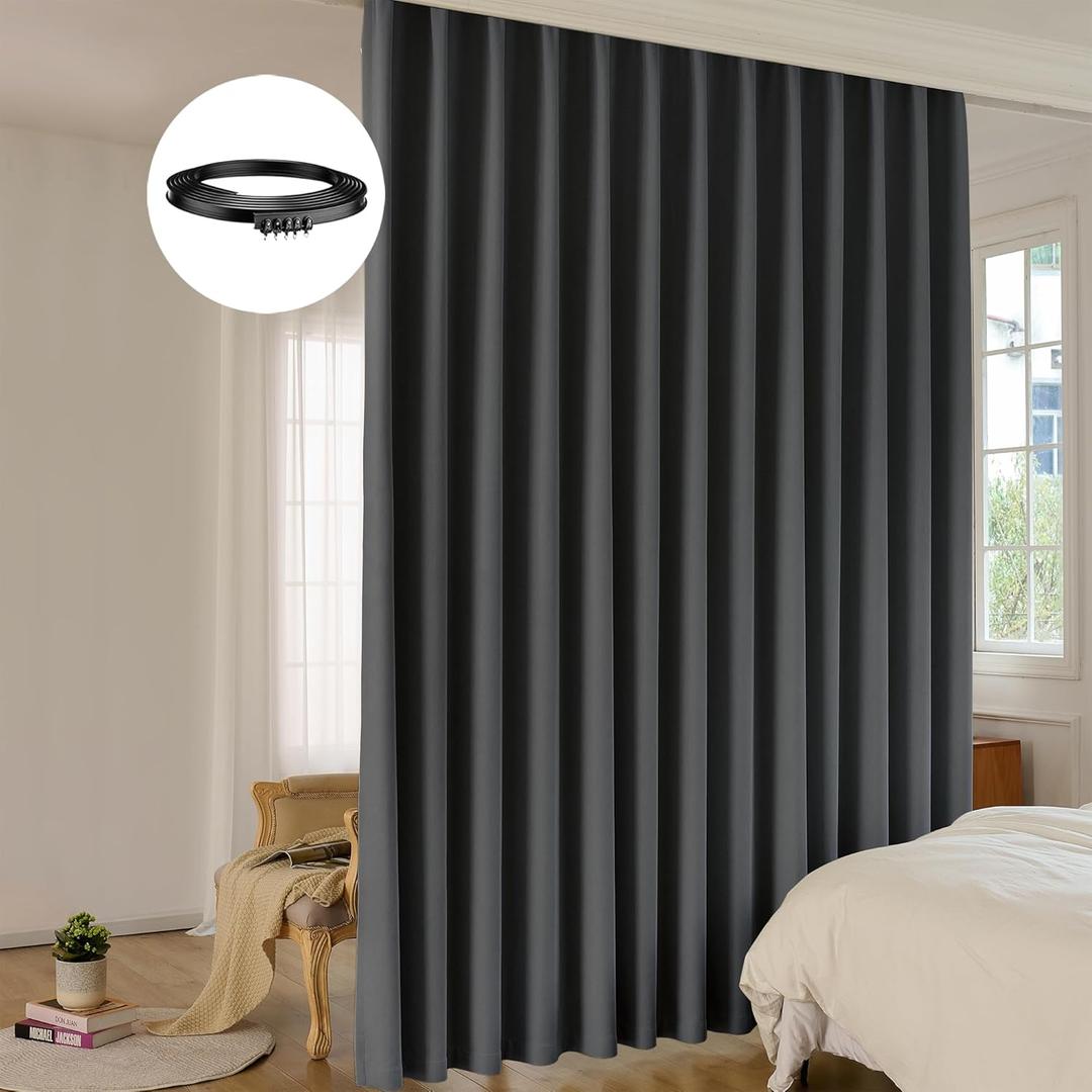 Room Divider Curtain Sets with Bendable Ceiling Track, 95% Blackout Total Privacy Ceiling Track Curtains Floor to Curtains Track Kits 15 ft Wide x 9 ft Tall, Black, 1 Panel