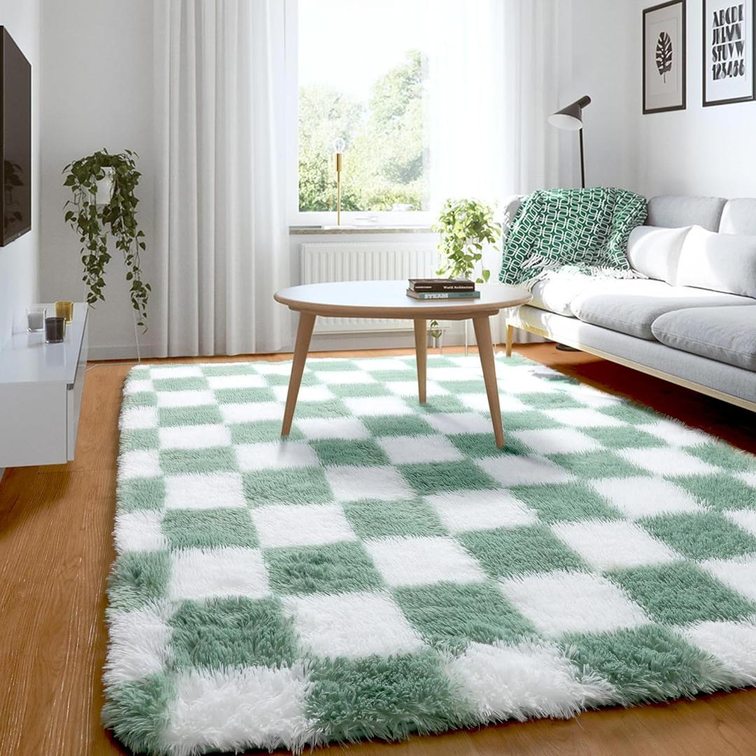 KICMOR Rugs for Bedroom Living Room, 3x5 Fluffy Soft Checkered Shag Area Rug Fuzzy Shaggy Plush Bedside Small Carpet, Sage Green and White Rug for Kids Boys Girls Dorm Nursery Home Decor Aesthetic