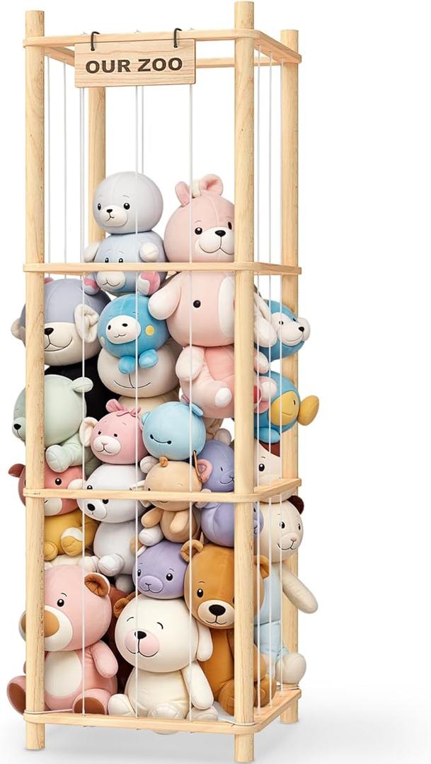Stuffed Animal Storage & Organizer, Wooden Cute Zoo Toy Holder for Toddler Rooms, Playrooms & Bedrooms