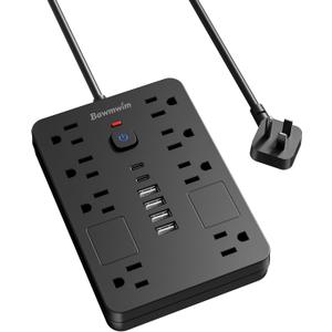 Surge Protector Power Strip - 8 Outlets(1850W/15A/14AWG) with 6 USB Ports（2 USB C, 10FT Flat Plug Extension Cord, Wall Mount Multi Plug Outlet Extender, ETL Listed for Home, Dorm Room, Black