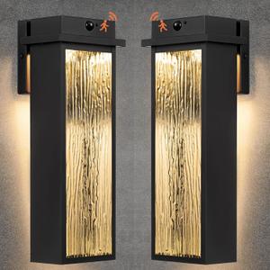 VenzBlomia Upgraded Motion Sensor LED Outdoor Lights, 2 Pack 16” Black LED Dusk to Dawn Outdoor Light Fixtures, Modern Outside Sconce Lanterns with Rippled Glass, Waterproof Exterior Garage Lamps