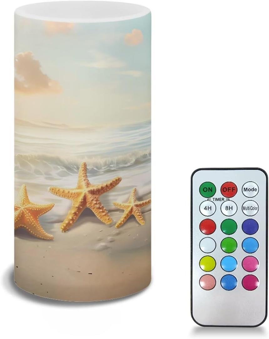 Poceacles Beach Starfish Gold Flameless LED Candle Auto-Moving Wick Effect Votive Tealights Realistic Pillar Candle with Remote 4H 8H Timer Color Changing for Home Indoor Coastal Decoration