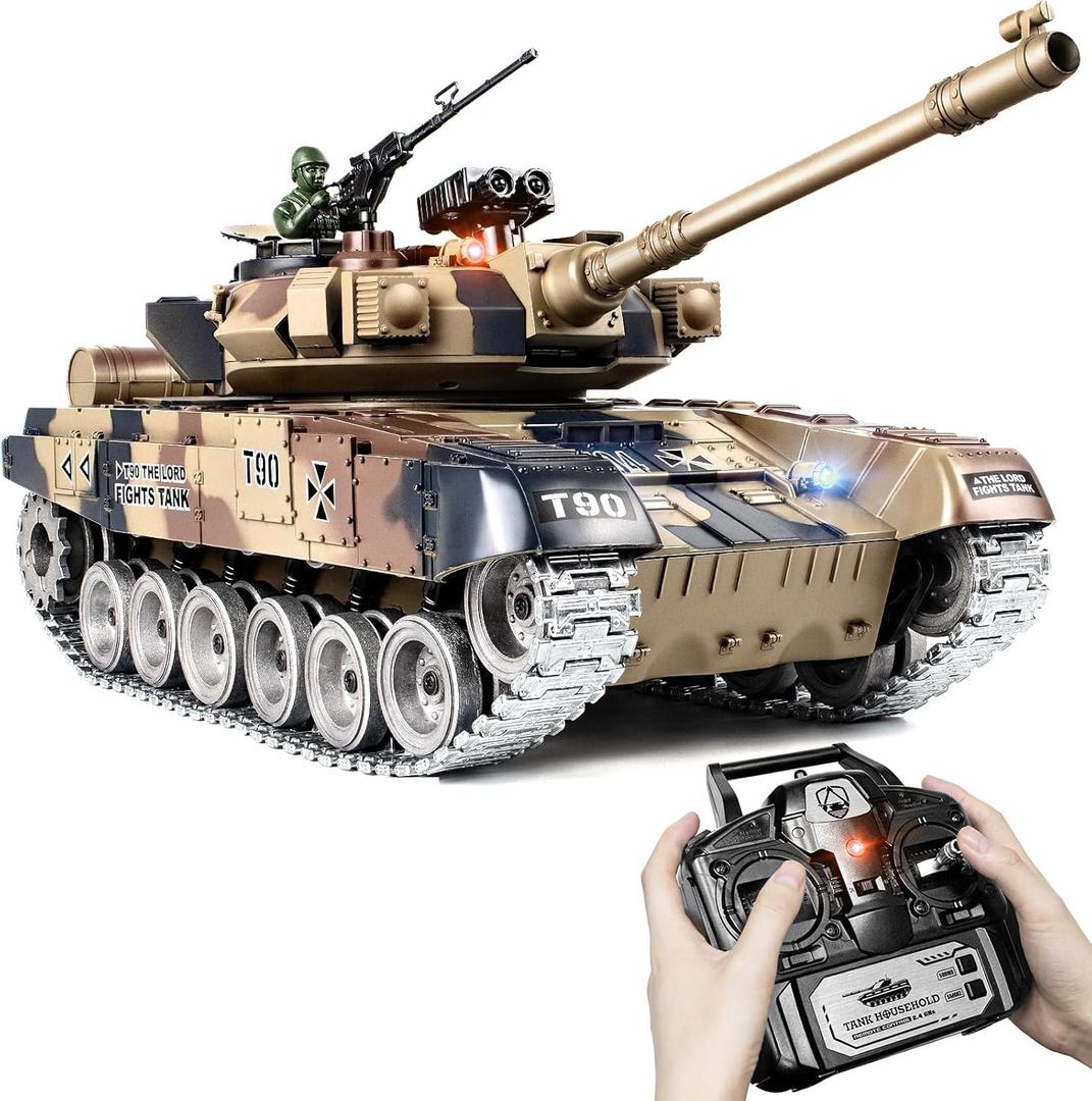 RC Tank, 1:18 Russian T-90 Metal Tracks Remote Control Model Tank Toys, 2.4Ghz Army Toys with Smoke, Sound and Light, RC Military Vehicle That Shoots BBS and Water Bullets for Adults and Kids